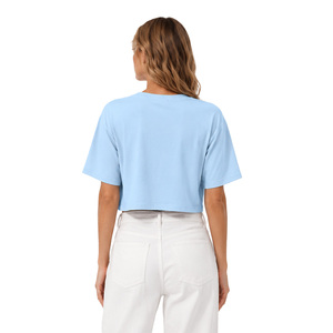 Asymmetric Cut Out Shoulder Blue Crop Top Loose Fit Summer Blouse Women's Shirts Casual Cotton Spandex Short Sleeve Crewneck Tee - Product Image 2