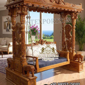 Cama Columpio Tradicional de Madera Tallada Maharaja con Exclusivos Pilares Tallados de Elefante, Jhoola, Columpio de Madera de Teca Tallado a Mano, Venta en el Reino Unido - Product Image 4