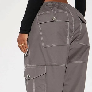 Pantalon cargo gris pour femme, coupe ample, taille mi-haute, avec cordon de serrage, décontracté, utilitaire, longueur intégrale, couleur unie, en toile - Product Image 5