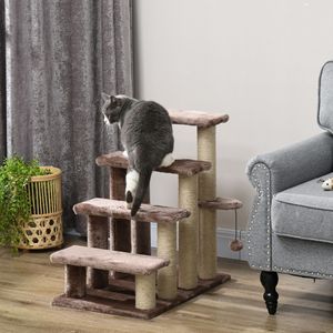 Tiragraffi per Gatti a 4 Livelli Marrone in MDF, Struttura per Arrampicata con Pali Tiragraffi per Letti Alti e Divani, Confezionato in Cartone - Product Image 2
