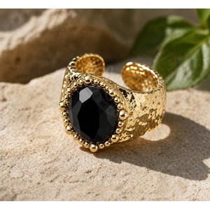 Gold Plated Hammered Texture <b>Statement</b> <b>Ring</b> with Black Onyx Stone Adjustable Handmade Cocktail <b>Ring</b> for Women - Product Image 3