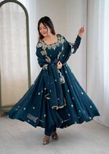 Traje Anarkali Moderno para Fiesta de Diwali, Estilo Elegante para Chicas, con Bordado Patta, Tela Chinon de Secado Rápido - Product Image 5