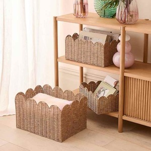 Multifunction Rattan Scallop <b>Rectangle</b> <b>Storage</b> <b>Basket</b> with Metal Frame for Home Organization - Product Image 3