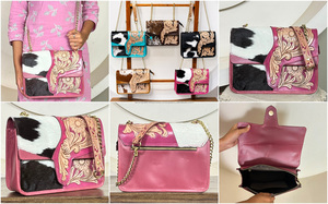 Wholesale Handmade Genuine Hair-On Cowhide <b>Leather</b> Crossbody Bag for Women with Floral <b>Tooled</b> Design Pink <b>Leather</b> Messenger Bag - Product Image 3