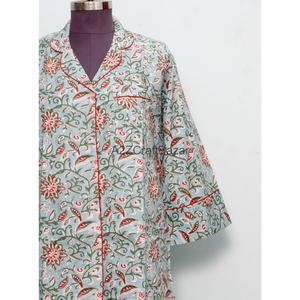 Colorful Floral Block Printed Cotton Midi Boho Straight <b>Bell</b> Sleeve Eco-Friendly Night Sleep Wear Long Shirt Tunic for Women - Product Image 2
