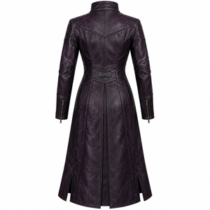 Manteau long asymétrique en cuir violet foncé sur mesure pour femme avec col montant et fermeture éclair – Fabricant OEM - Product Image 2