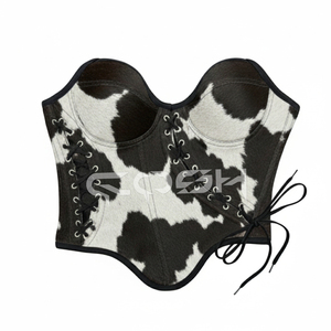 Corsé de Piel de Vacuno con Pelo para Mujer, Top de Cuero Genuino con Pelo de Vacuno, Bustier con Varillas de Acero y Laterales Ajustables con Cordones - Product Image 1