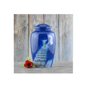 Urne funéraire de luxe bleue en aluminium avec motif « Escalier du Ciel », urne décorative spirituelle pour cendres commémoratives, pour la commémoration des funérailles - Product Image 1