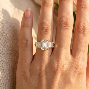 Gorgeous 2CT <b>Emerald</b> Cut Moissanite 7 Stone <b>Ring</b> 925 <b>Silver</b> With Rhodium Plated Wedding Jewelry for Women's Party Gift - Product Image 3