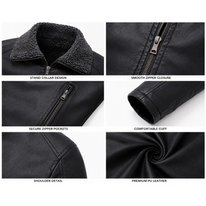 <b>Men's</b> Premium Black Genuine Leather <b>Jacket</b> with <b>Shearling</b> Collar Custom Winter Casual Zip-Up Leather Coat - Product Image 4