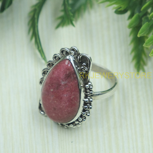 Natural Pink Rhodonite Gemstone 925 Sterling <b>Silver</b> Handmade <b>Ring</b> Vintage Floral Bezel <b>Set</b> Statement Jewelry Women <b>Ring</b> for her - Product Image 3