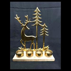 Reindeer Brass Gold Candle Holder With Wooden Base Decorative <b>Table</b> Accent Perfect For Festive And Seasonal Home Decor - Product Image 1