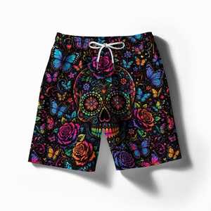 Pantalones cortos con estampado de calaveras y mariposas coloridos para hombre, de secado rápido, con cordón en la cintura, ropa de baño informal - Product Image 2