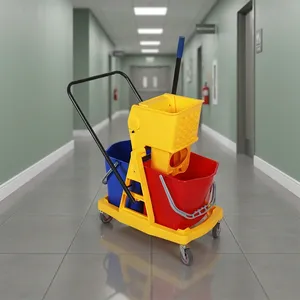 Newmade Plastic Floor <b>Cleaning</b> <b>Mop</b> Squeeze Wringer Side Press Double Wringer 4-Wheel Trolley with Metal Pusher - Product Image 1