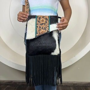 Women's Genuine Cowhide Leather Crossbody Bag With Western Style Fringe Zipper Closure Nylon Lining Tooled Leather Sling Purse - Product Image 4