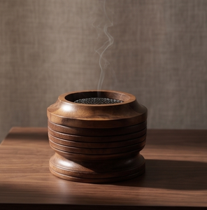 Porte-encens en bois de manguier fait main, brûleur rond en forme de bol, corps côtelé et rainuré, écran en maille métallique - Product Image 3