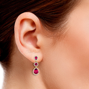 Hot Selling 10x8mm Pear Cut Pink Tourmaline <b>Dangle</b> Drop <b>Earrings</b> 14k Solid <b>Gold</b> Diamond Halo <b>Earrings</b> Wholesale Products in Bulk - Product Image 6