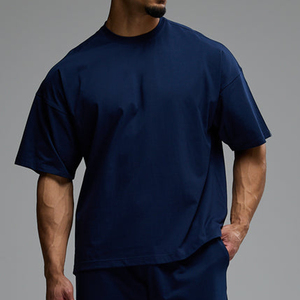 Camiseta de algodón jersey azul marino oversize para hombre, cuello redondo, manga corta, informal, color liso, transpirable, de punto, ajuste cómodo - Product Image 4