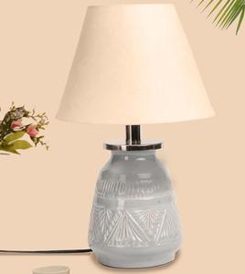 Ceramic Table Lamp with White Fabric Empire Shade Warm White <b>Light</b> Traditional Design for Bedroom Decorative <b>Lighting</b> - Product Image 3