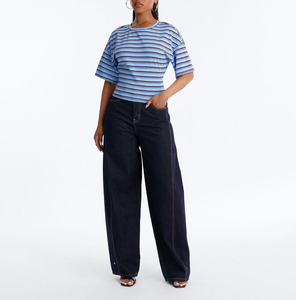 T-shirt court rayé pour femme de haute qualité, à manches courtes, col rond, coupe ajustée, tricoté, décontracté, d'été, rayures bleues et violettes, style baby top - Product Image 4