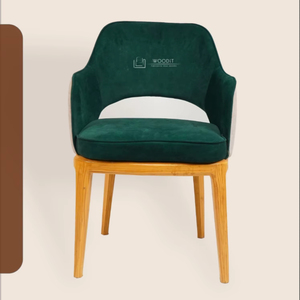 Nouvelle arrivée : fauteuil de salle à manger moderne du milieu du siècle, base en bois massif, quatre pieds, avec coussin et dossier en velours vert émeraude. - Product Image 1