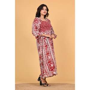 Robe longue maxi bohème 100% coton imprimé au bloc, écologique, pour femme, smockée, style indien, idéale pour les fêtes estivales - Product Image 3