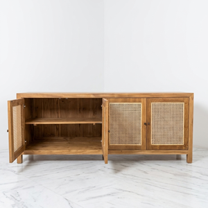 Meuble de rangement en teck à 4 portes avec panneaux en rotin et poignées, pieds droits, style scandinave, pour salon, vente directe usine - Product Image 3