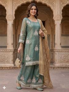 Green Heavy Fendy Silk <b>Women's</b> Graduation Ensemble Modern Style Regular Fit <b>Kurta</b> with Dupatta-Quick Dry Fabric - Product Image 2
