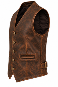 Chaleco de Cuero PU Marrón para Hombre, Cuello en V, Cierre de Botón de Una Sola Fila, Estilo Vintage, Corte Regular, Talla Grande - Product Image 4