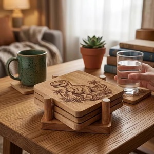 Ensemble de sous-verres carrés en bois avec motif dinosaure, style rustique, faits à la main, antidérapants, finition naturelle, diamètre 10 cm, perles artisanales - Product Image 3