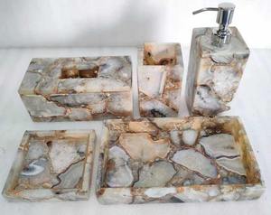 Natural Marble Agate Stone Bath Accessories Set of 5 Includes Soap Dispenser <b>Toothbrush</b> <b>Holder</b> Tray Tumbler Bathroom Set - Product Image 3