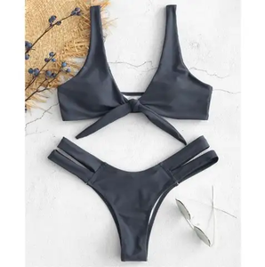 Unisex Red Two-Piece High Neck <b>Crossed</b> Halter <b>Top</b> Embroidery Print Bottom Plus Size Stretch Polyester Seamless Bikini Set - Product Image 2