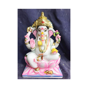 Statue de Ganesh en marbre Makrana blanc pur, position assise, surface lisse et brillante, idéale pour un cadeau d'affaires. - Product Image 4