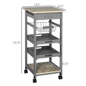 Chariot de cuisine roulant gris moderne avec plateau coulissant, panier réglable, matériaux durables en métal, plastique, bois, MDF et fer - Product Image 3