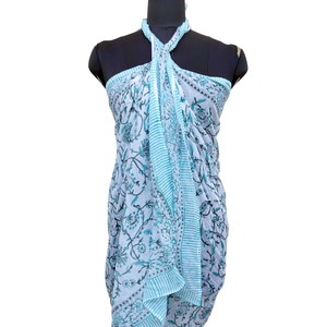 Blue Pink Floral Hand Block Printed Cotton Sarong Scarf with Chevron Border Lightweight <b>Beach</b> <b>Wrap</b> Stole for Women - Product Image 3