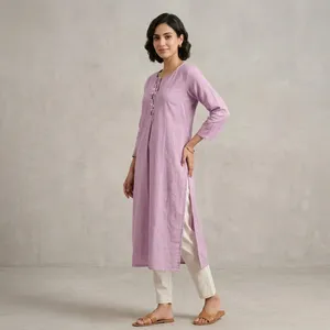 Kurti long en coton et lin lavande pour femme, col rond, manches trois quarts, coupe droite, encolure brodée, tenue ethnique décontractée - Product Image 5
