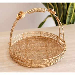 Golden Metal <b>Baskets</b> Round With Handle For Gifting <b>Hampers</b> And Storage Handcrafted Luxury <b>Gift</b> <b>Baskets</b> - Product Image 2