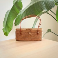 Sac à main en paille tissé à la main naturel du Vietnam, forme de boîte, avec poignées en cuir, style vintage, fermeture éclair, style féminin