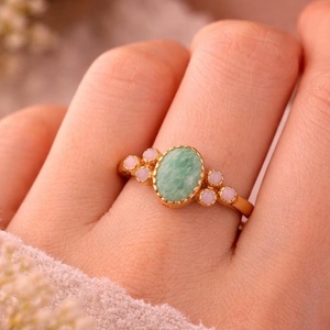 Brass Gold Plated Amazonite Stone Handmade Bohemia Christian Vintage Oval Gemstone <b>Ring</b> Delicate Stackable Womens Jewelry - Product Image 4