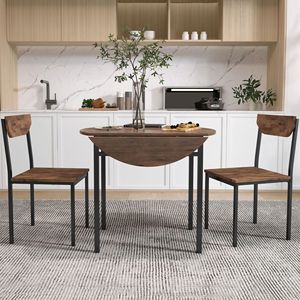 TOPMAX Modern 3-Piece Dining Room Set <b>Round</b> <b>Table</b> with Drop Leaf & 2 Chairs Black Frame & Rustic Brown Finish for <b>Small</b> Spaces - Product Image 4