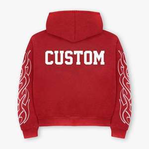 Ensemble de survêtement rouge personnalisé à capuche avec imprimé flamme, streetwear unisexe adulte, sweat-shirt à fermeture éclair et pantalon, effet délavé soleil - Product Image 3