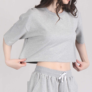 Camiseta Corta Oversize de Algodón 100% Gris Jaspeado para Mujer, Estilo Urbano, Manga Corta, Bajo Ajustable, Holgada - Product Image 5