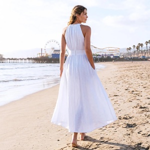Robe midi vintage taille haute pour femme, coupe ample, grande taille, col en V, manches cloche, poches, respirante, en lin biologique fait main - Product Image 2