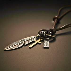 Silver Feather of Faith 2-Inch Stainless Steel Pendant with Adjustable Leather <b>Rope</b> for Men and Boys - Product Image 5