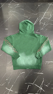 Custom Factory Luxury Rhinestone Acid Wash Sun Faded Screen Print <b>Zip</b>-Up Hoodie Sweatshirt and Joggers Flared Sweatpants Set - Product Image 2
