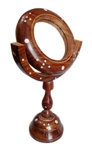 Vintage Hand Carved Wooden Round Tabletop <b>Makeup</b> <b>Mirror</b> with Stand Brown Portable Vanity <b>Mirror</b> for Home Bedroom Dressing Table - Product Image 3