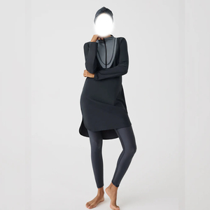 Women's Solid Color Long Sleeve Islamic Swim Suit Muslim Style with Pants Bottom Swimwear with Religious Islamic Burkinis Wear - Product Image 2