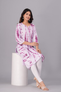 Women Purple Tie Dye Printed <b>Kurti</b> with , 3/4 Sleeves Casual Ethnic Wear Straight Kurta for Daily Wear . - Product Image 3