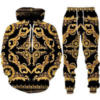 Erkek Kışlık Büyük Beden Siyah Altın Rengi Düz Hafif Kapüşonlu Eşofman Takımı Günlük Kapüşonlu Sweatshirt ve Eşofman Altı
