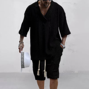2026 Spring and Summer Casual Shorts <b>Set</b> <b>Knitted</b> Two Piece Men V neck Short Sleeve T shirt and Shorts Unforgettable Moments - Product Image 1